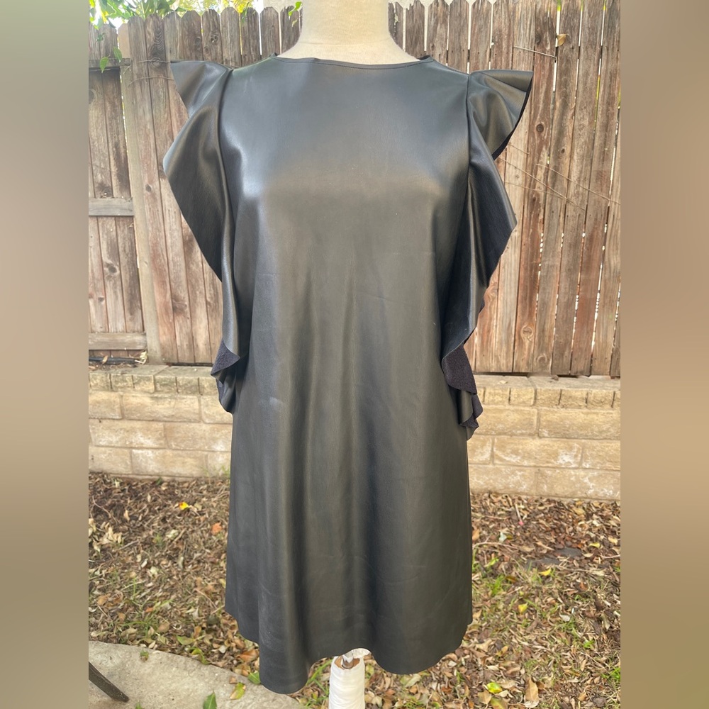 Zara Black Faux Leather Ruffle shoulder Dress grunge punk rocker minimalist